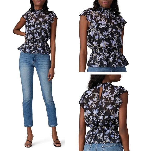 Great Jones Floral Peplum Top Ruffled Mockneck Black w/ Purple Floral Print US M - Picture 2 of 5